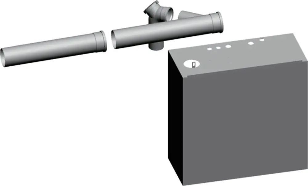 Erweiterungsbausatz mit Rohren und Box, gestaltet für die Wolf MGK-2 Reihe, dient zur raumluftabhängigen Installation. Komponenten in neutralem Grau.